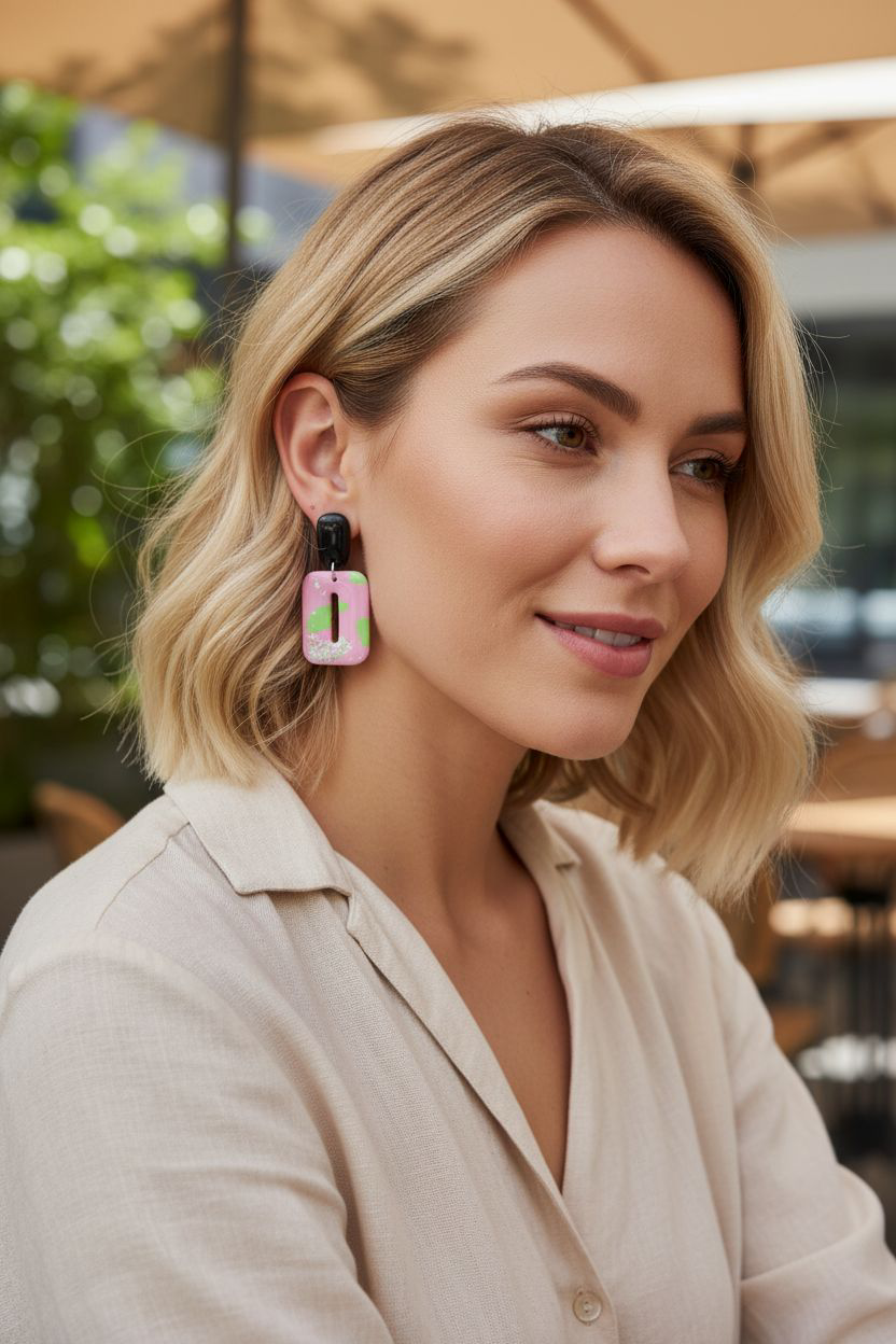 Handmade Polymer Clay Earrings | Pink Green Silver Foil Cut-Out Dangles | Resin Statement Jewelry