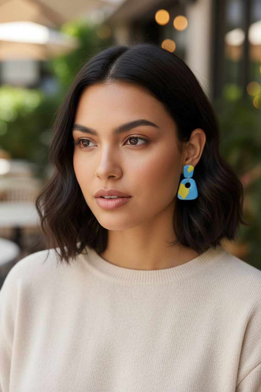 Handmade Polymer Clay Earrings | Blue Yellow Cut-Out Retro Dangles | Resin Gloss Jewelry