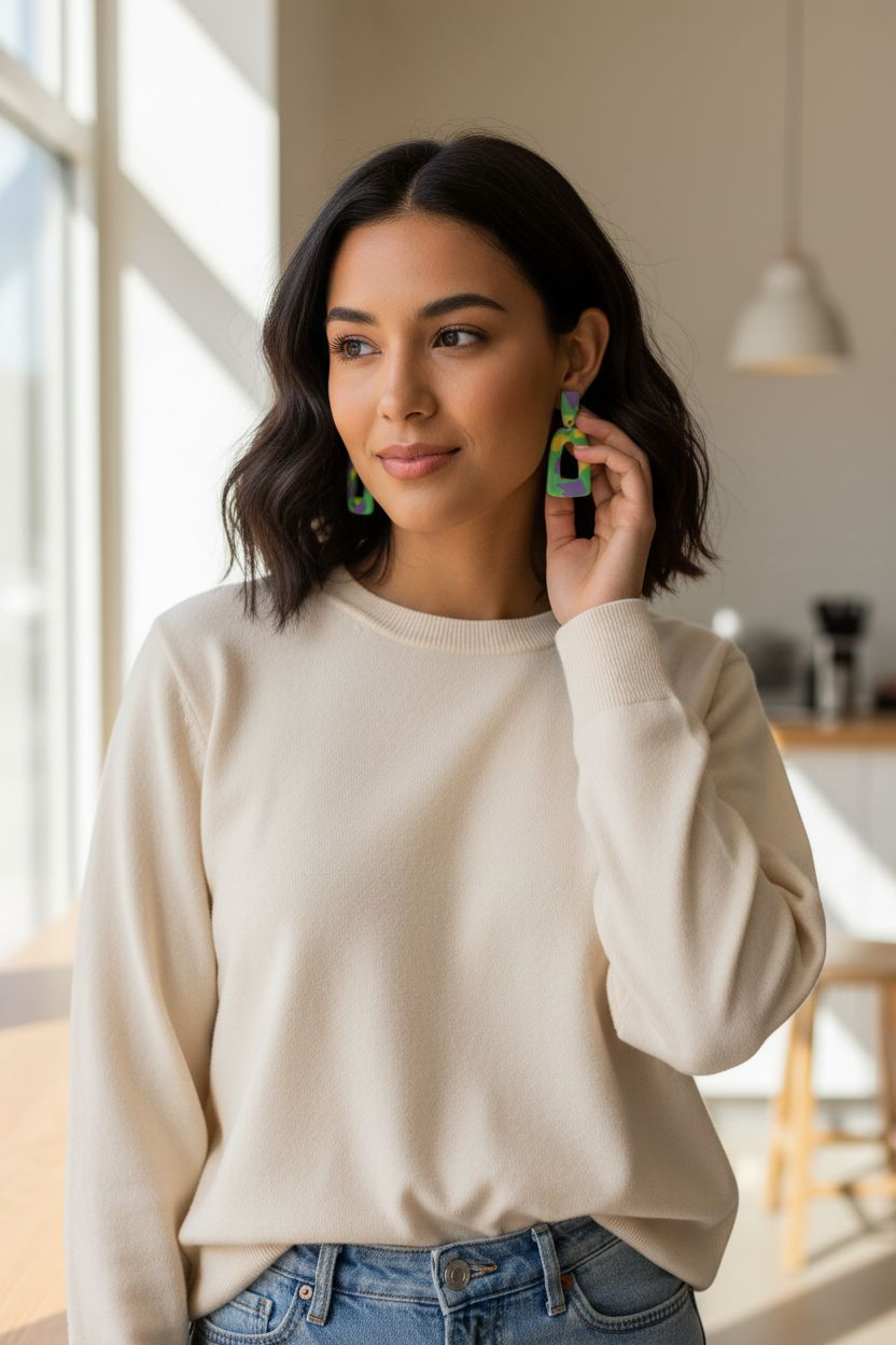 Handmade Polymer Clay Earrings | Green Yellow Lilac Abstract Dangles | Resin Coated Statement Jewelry