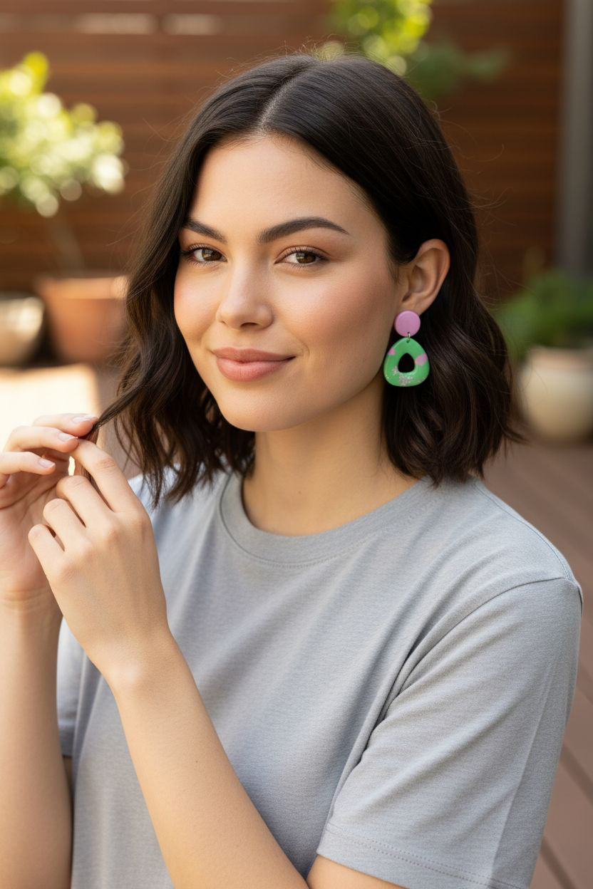 Handmade Pink & Green Polymer Clay Earrings | Silver Foil Resin Dangles | Pastel Statement Jewelry