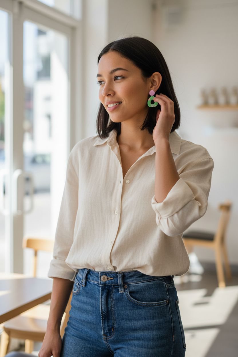 Handmade Pink & Green Polymer Clay Earrings | Silver Foil Resin Dangles | Pastel Statement Jewelry