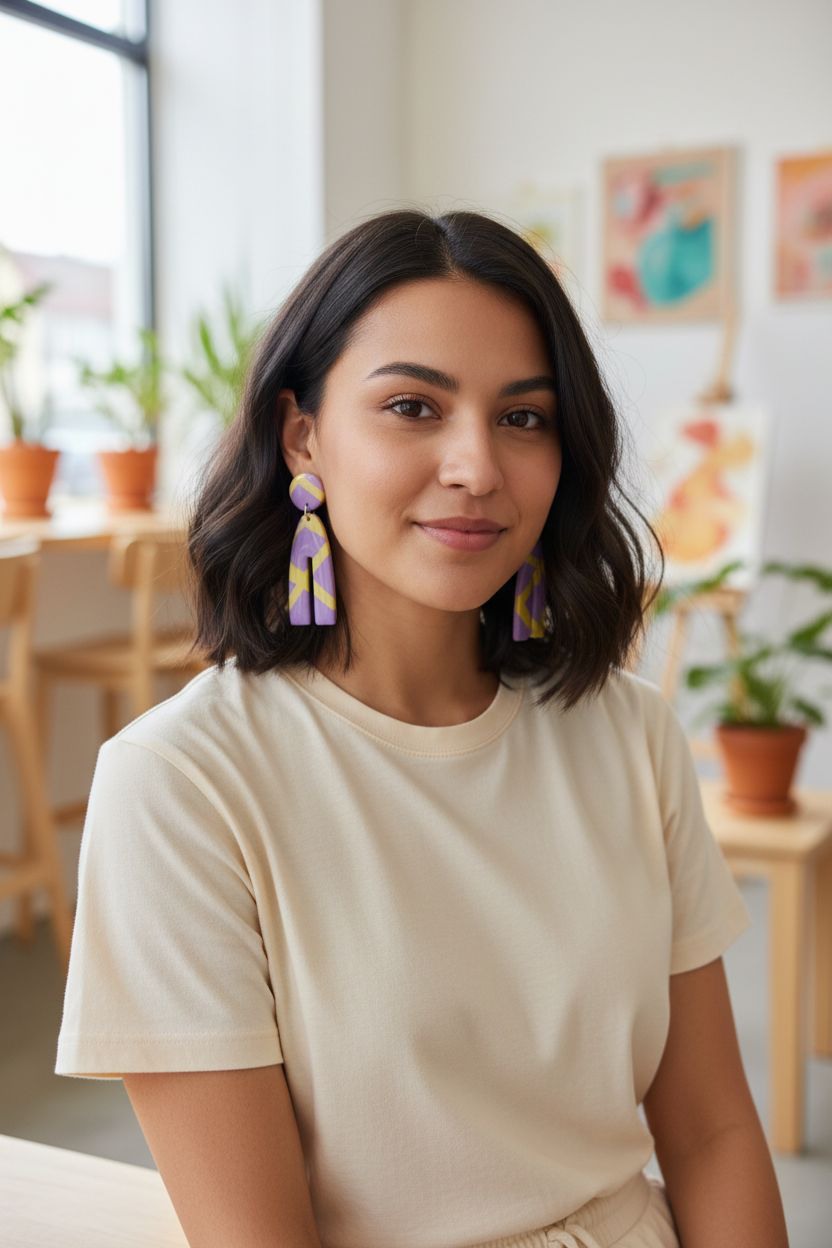 Handmade Lilac & Yellow Polymer Clay Earrings | Resin Coated Geometric Dangles | Irish Artisan Jewelry
