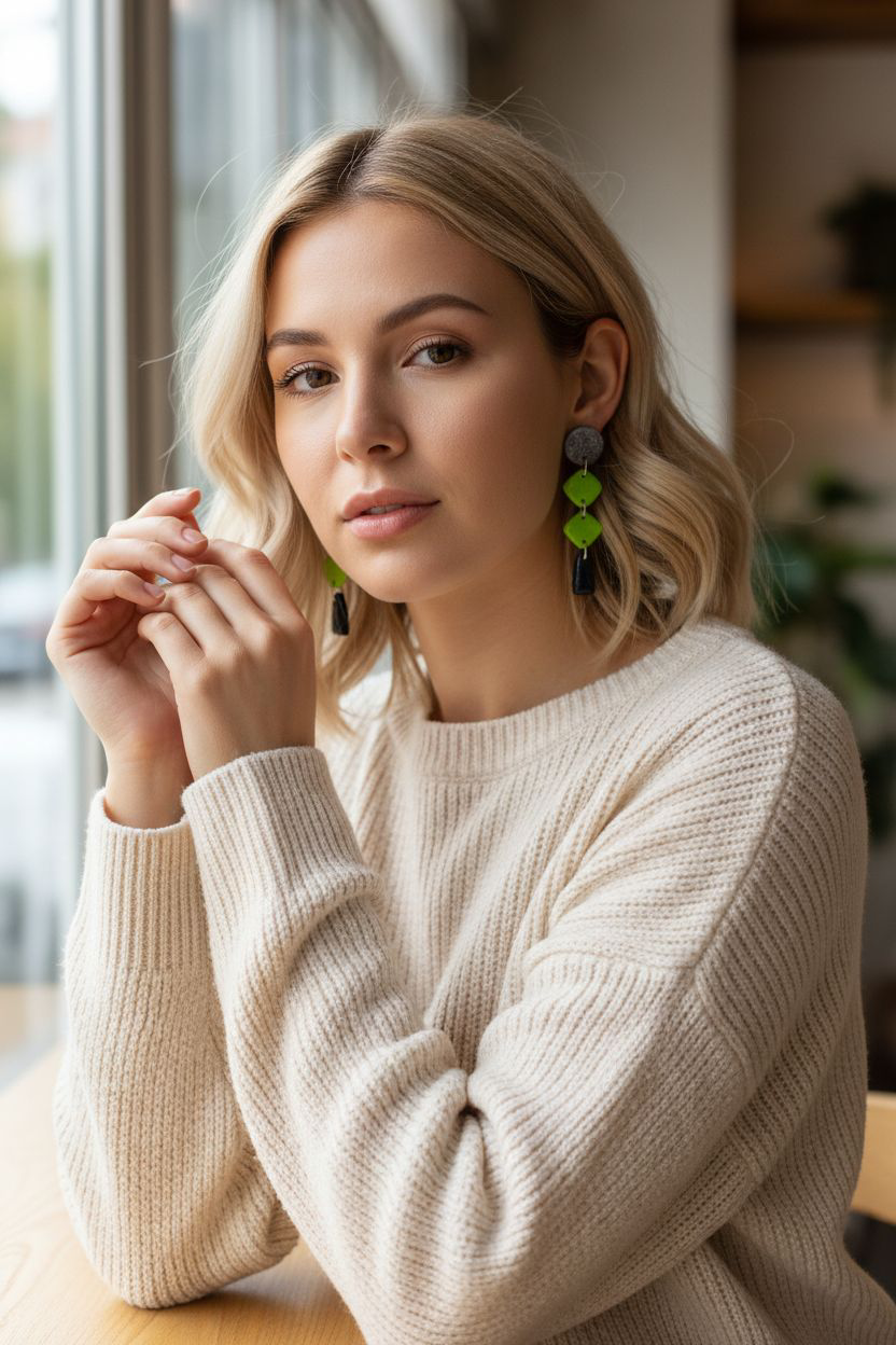 Handmade Polymer Clay Earrings | Silver Texture, Lime Green Diamonds & Black Drops | Geometric Statement Dangles